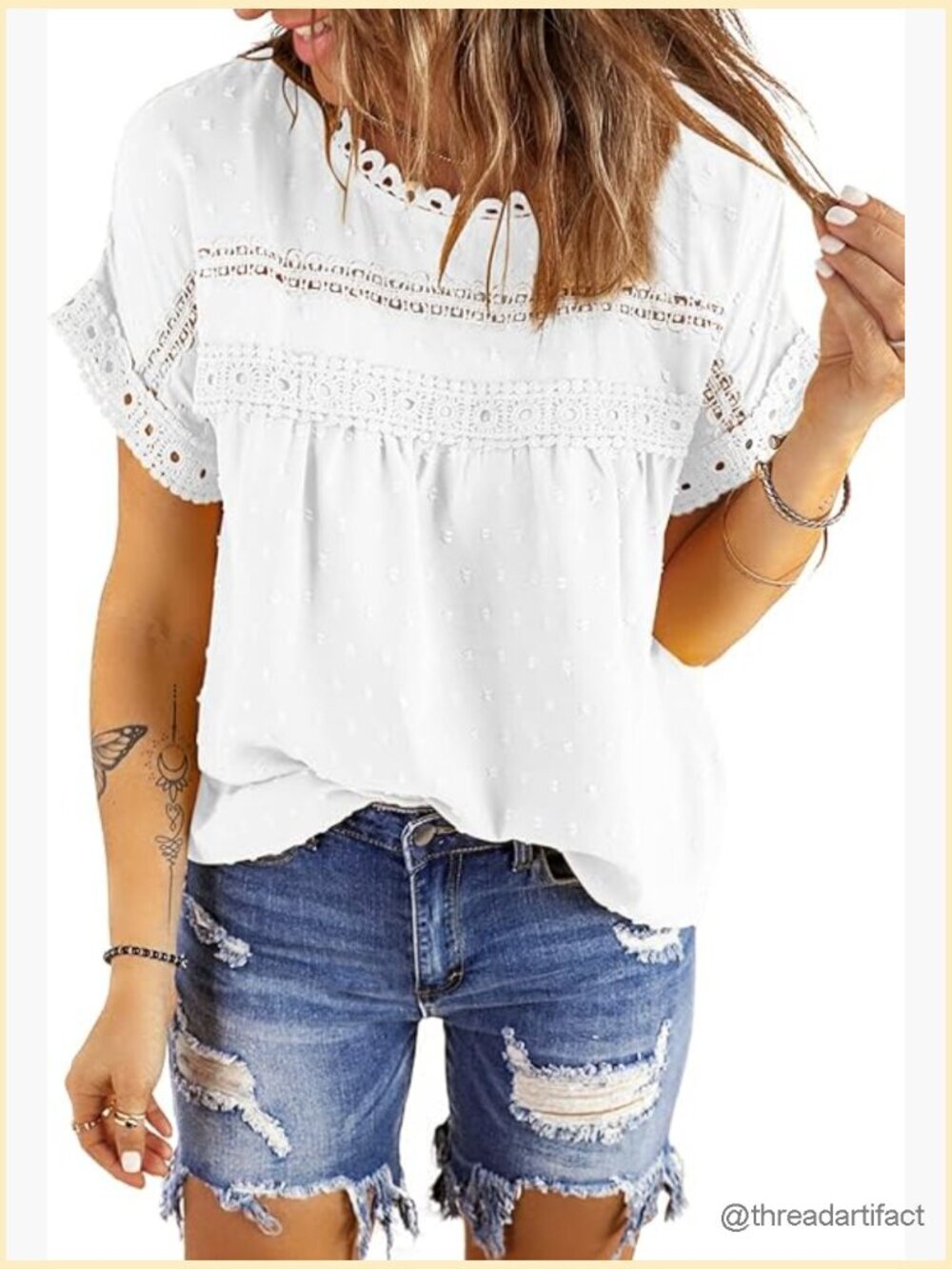 Crewneck Lace Crochet Short Sleeve Blouse - Lightweight Chiffon Top